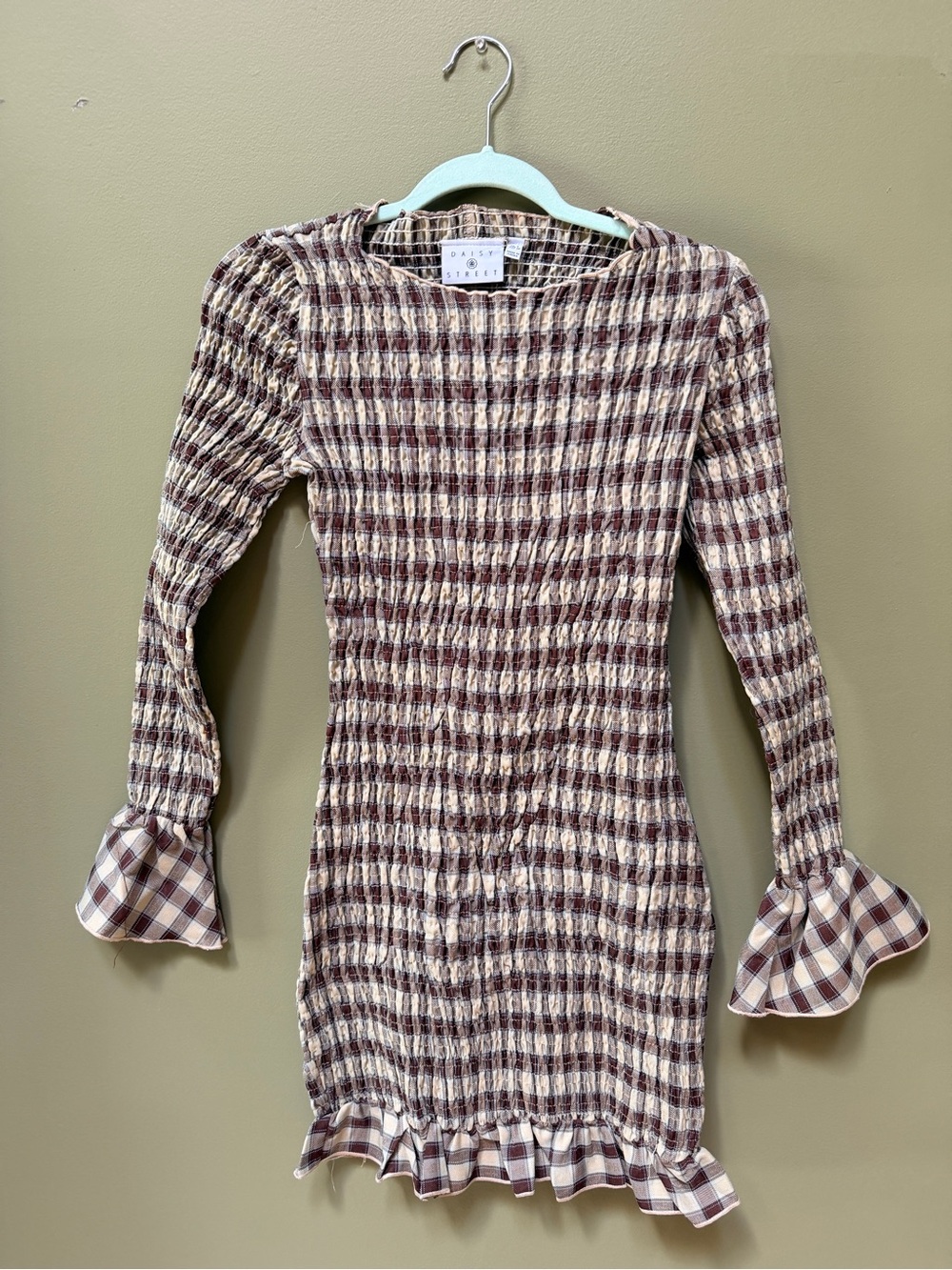 Cute Daisies Brown Plaid Smocked Mini Dress